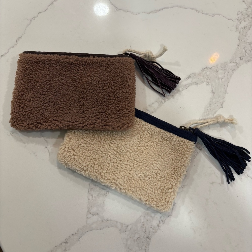 LOFT Brown and Cream Sherpa Tassel Wristlets Pouches Makeup Bags